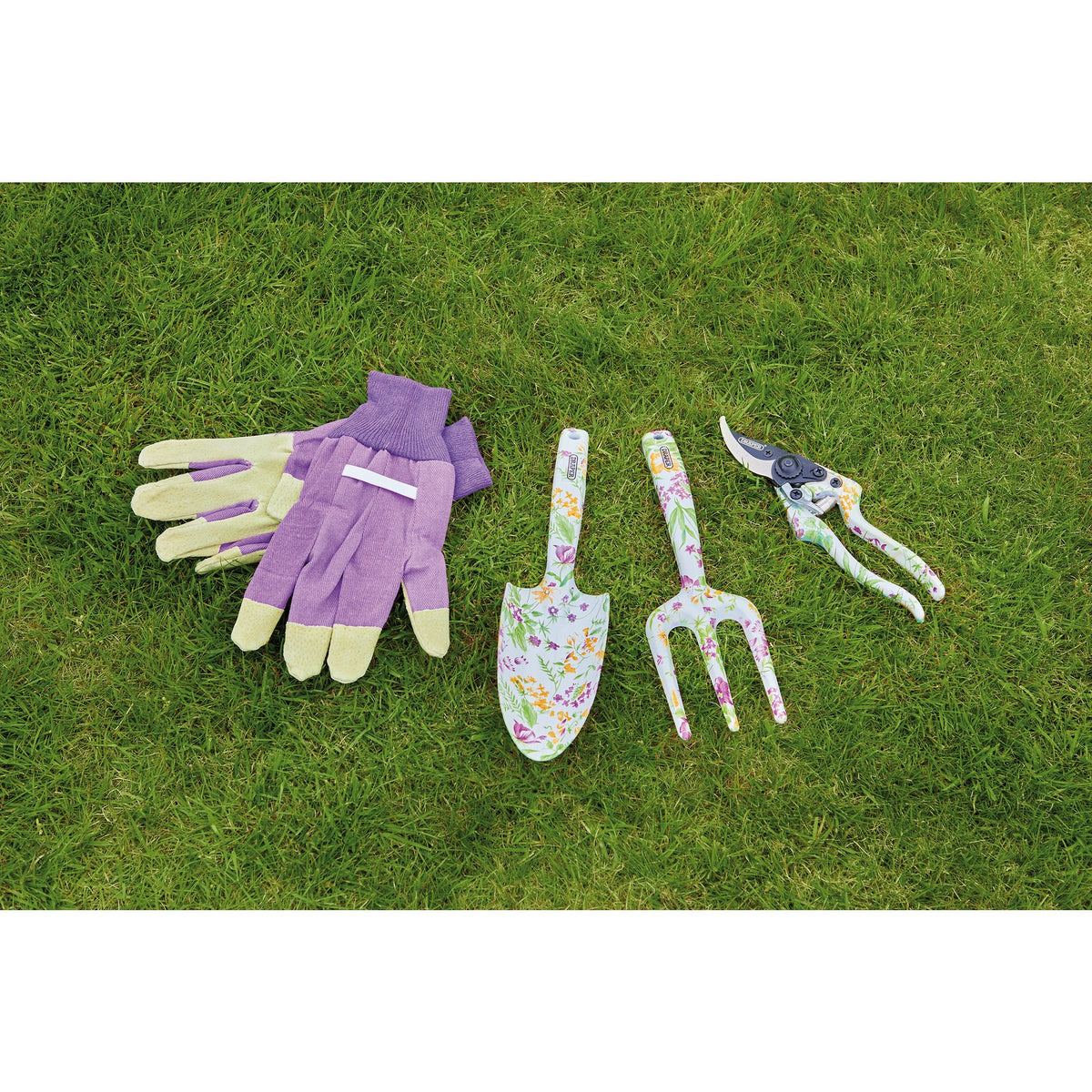 Draper Garden Tool Set Floral Pattern 4 Piece trowel fork secateur Gloves 08993
