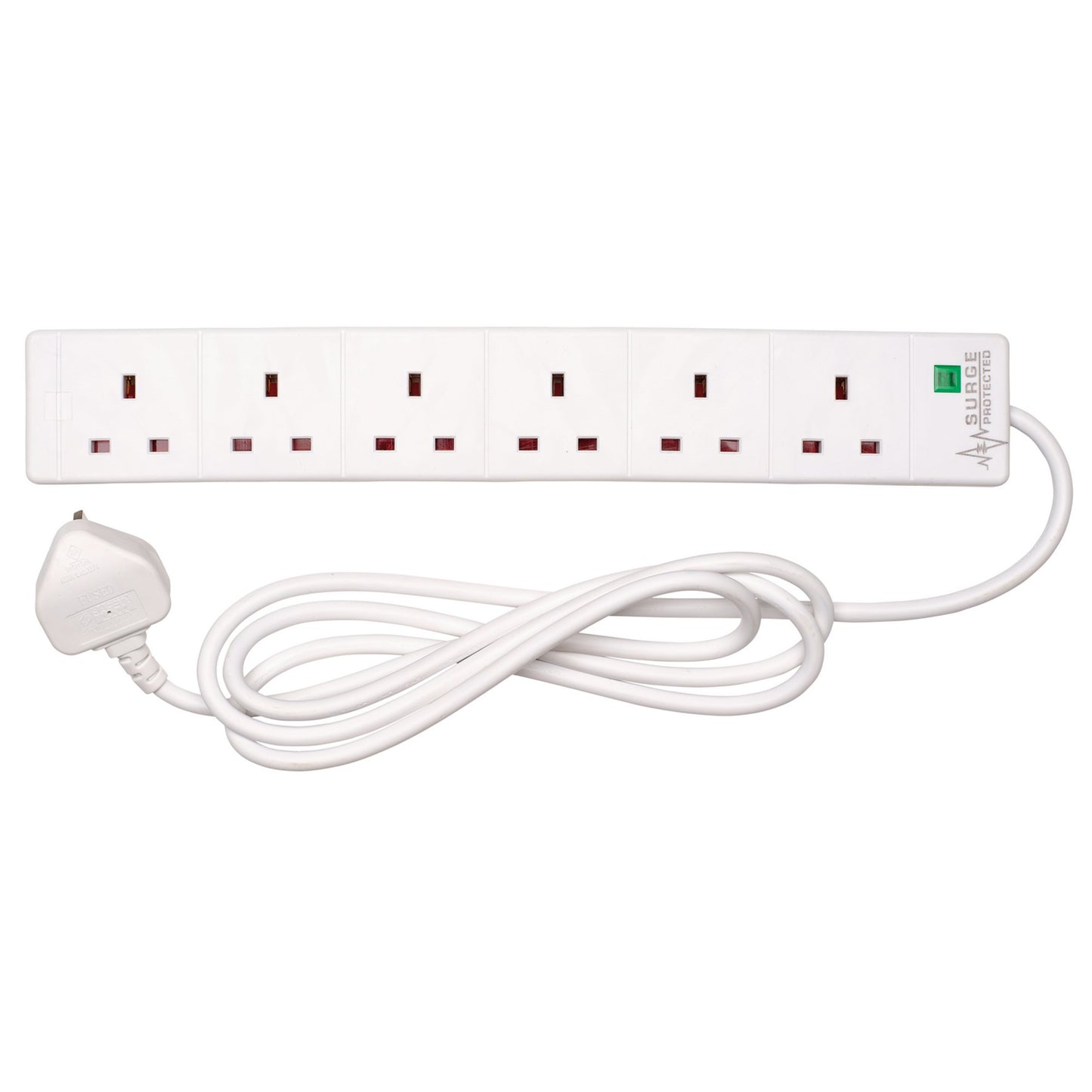 Six Socket Surge Protected Extension Lead with Neon Indicator, 2m