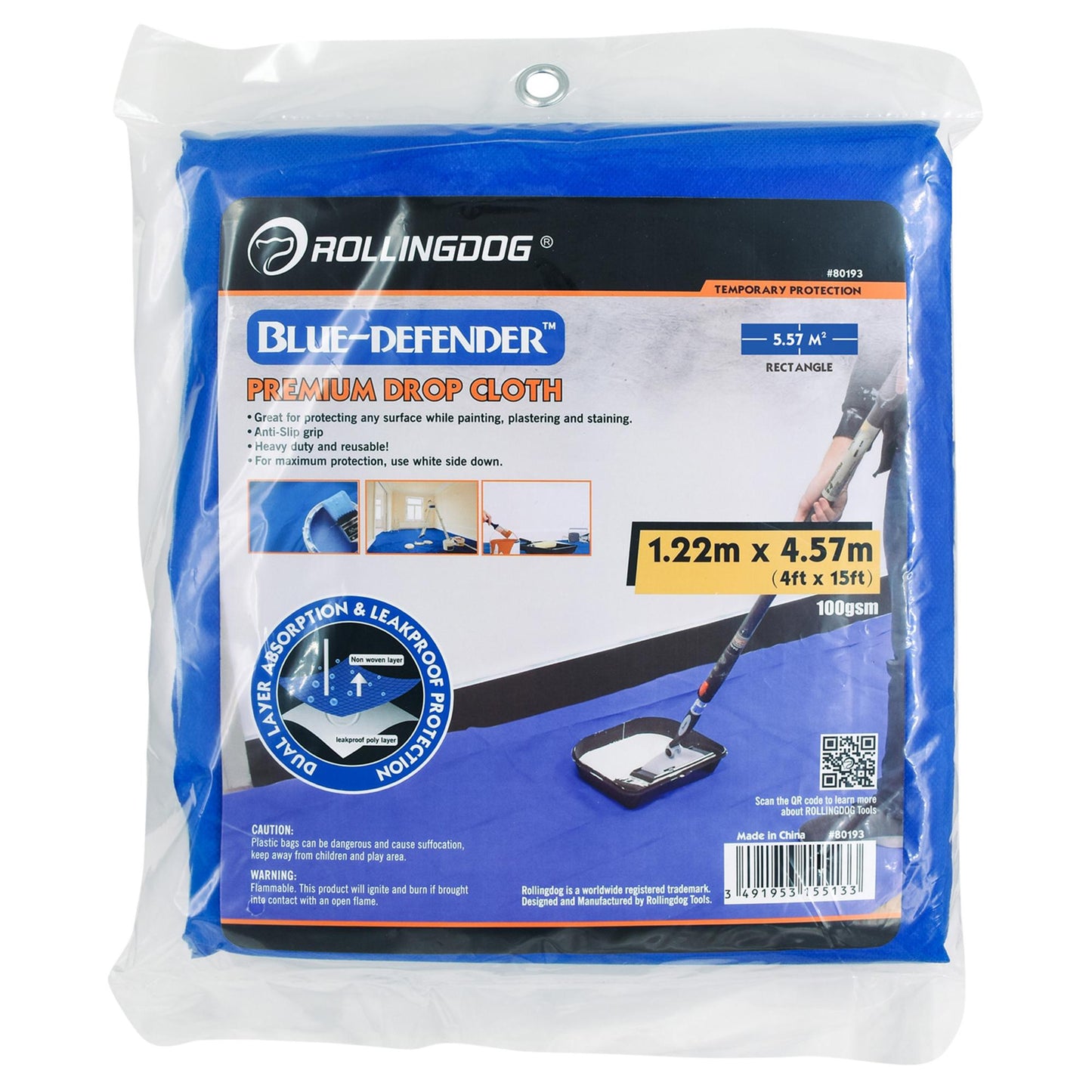 Rollingdog Blue Defender Premium Drop Cloth Dust Sheet 1.2 x 4.5m 09664