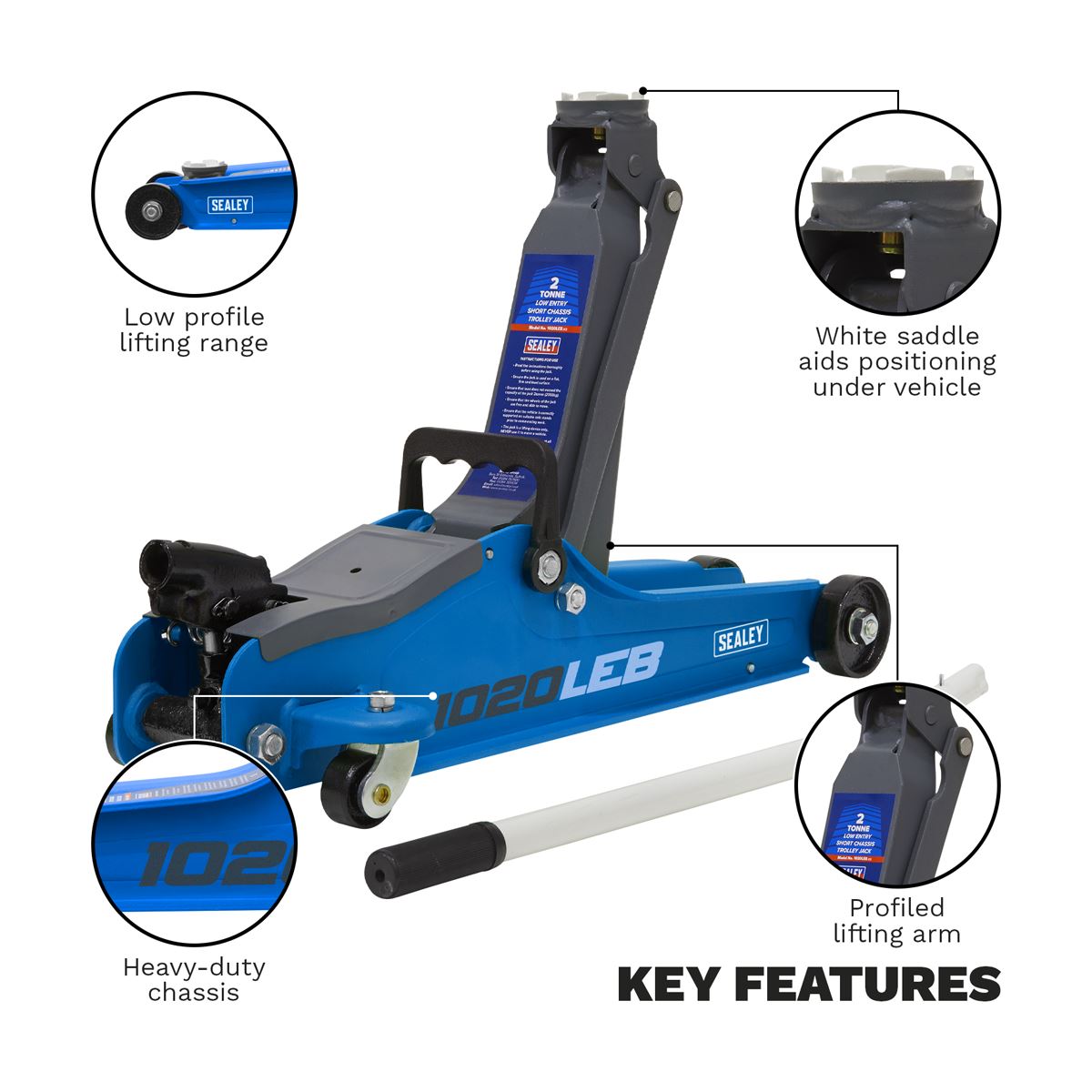 Sealey Trolley Jack 2 Tonne Low Profile Short Chassis - Blue 1020LEB