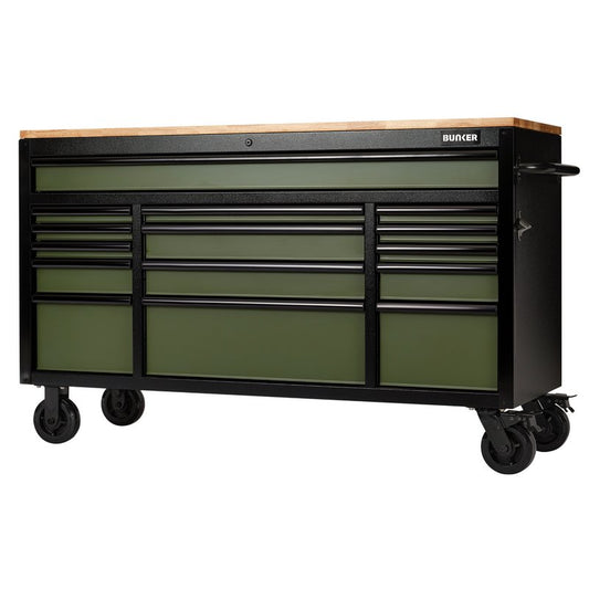 BUNKER Green Roller Tool Cabinet 15 Drawer Workbench 61" Wood Top Draper 10368