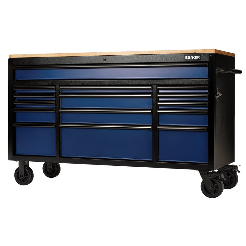 BUNKER Blue Roller Tool Cabinet Workbench 15 Drawer 61" Wood Top Draper 10747