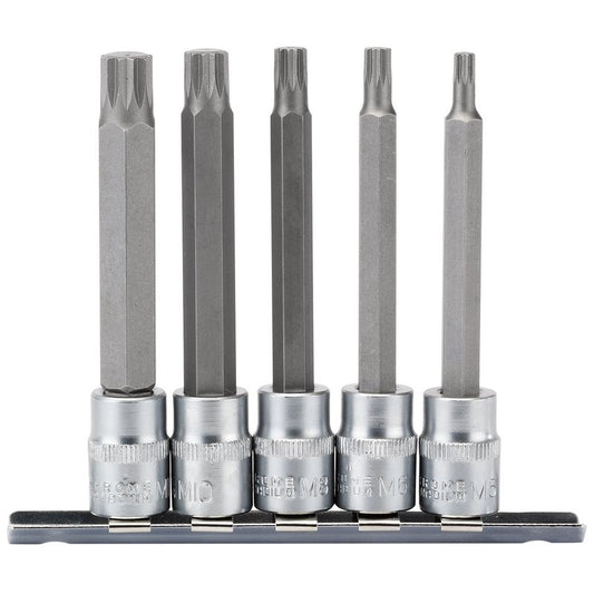 Draper Spline Socket Bit Set 3/8"D 5 Piece 100mm M5 to M12 Knurled Ring 16349