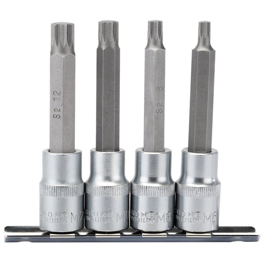 Draper Spline Socket Bit Set 1/2"D 4 Piece 100mm M6 to M12 Knurled Ring 16350