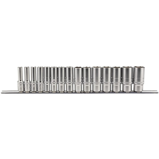 Draper 3/8"D 15 Piece Metric Deep Socket Set on a Metal Rail 10 - 19mm 16494