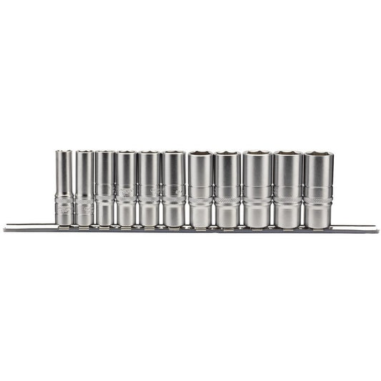 Draper 3/8"D 11 Piece Imperial Deep Socket Set on Metal Rail 5/16 to 15/16 16495