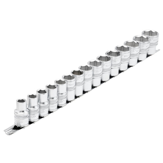 Draper Metric Socket on a Metal Rail 1/2"D 15pc 6 Point Standard Length 16496