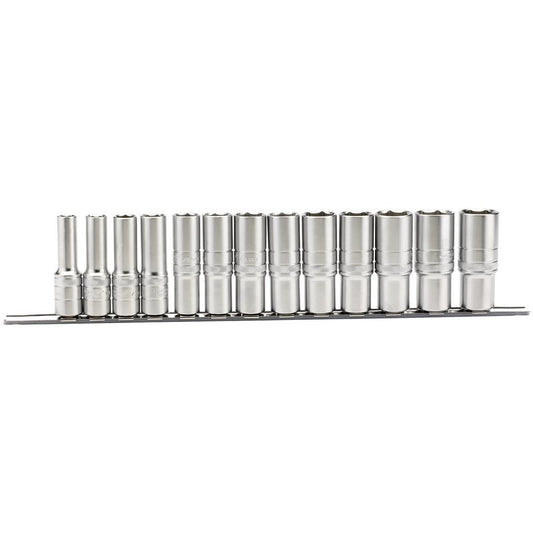 Draper 1/2"D Deep Imperial Socket Set on a Metal Rail 13 Piece 3/8 -1.1/8" 16500