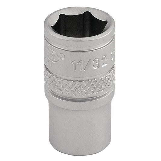 Draper 11/32" 1/4"D Imperial Socket Standard Length Chrome 6 Point Knurled 16523