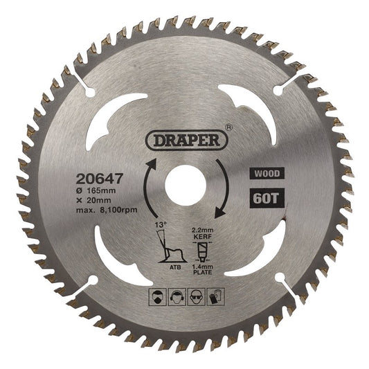 Draper TCT Circular Saw Blade for Wood 165 x 20mm 60T 20647