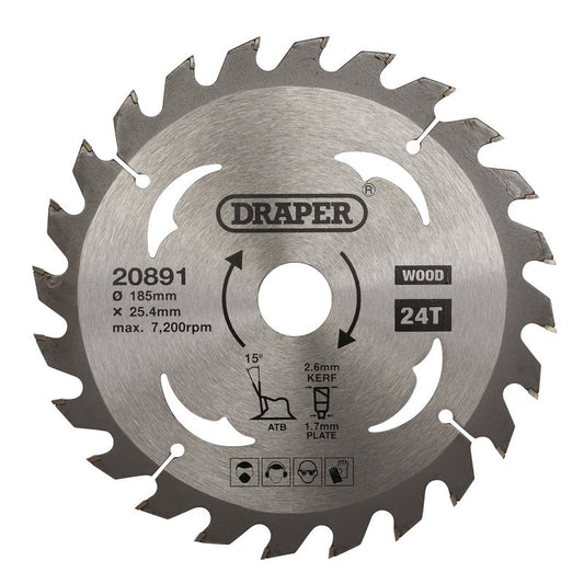 Draper TCT Circular Saw Blade for Wood 185 x 25.4mm 24T 20891