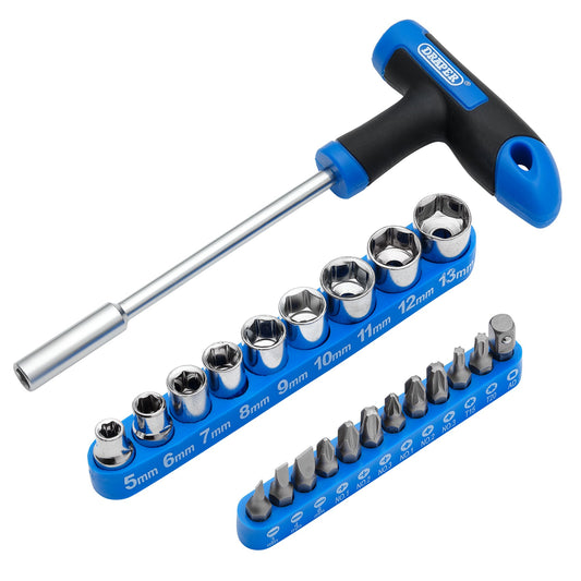 Draper T Handle Screwdriver Socket and Bit Set 1/4"D 22pc 6 Point 5-13mm 21011