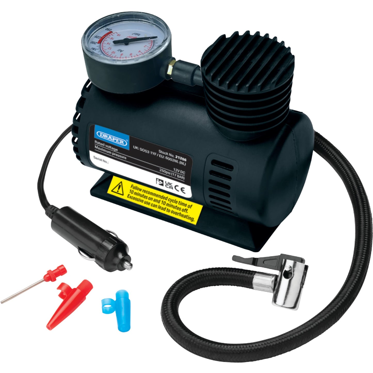 Draper Portable 12V Mini Air Compressor Maximum pressure 250psi 17 BAR 21256
