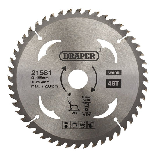 Draper TCT Circular Saw Blade for Wood 185 x 25.4mm 48T 21581