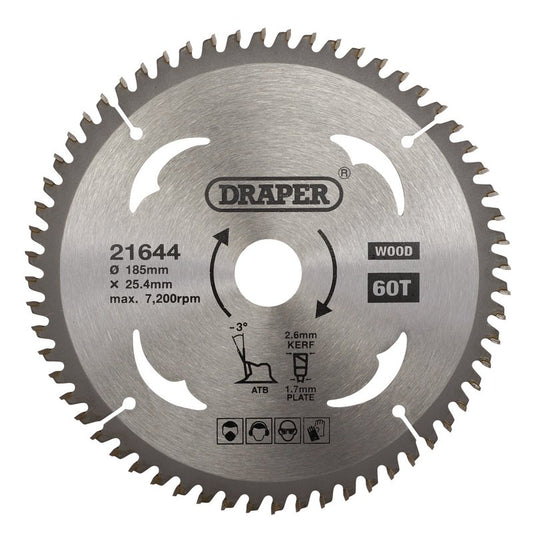 Draper TCT Circular Saw Blade for Laminate & Wood, 185 x 25.4mm 60T 21644