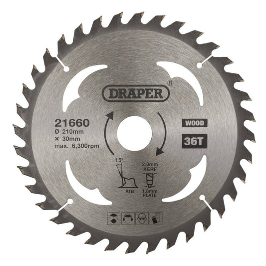 Draper TCT Circular Saw Blade for Wood 210 x 30mm 36T 21660
