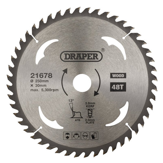 Draper TCT Circular Saw Blade for Wood 250 x 30mm 48T 21678