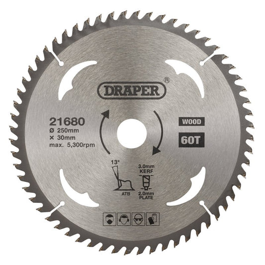 Draper TCT Circular Saw Blade for Wood 250 x 30mm 60T 21680