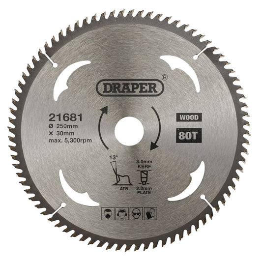Draper TCT Circular Saw Blade for Wood 250 x 30mm 80T 21681
