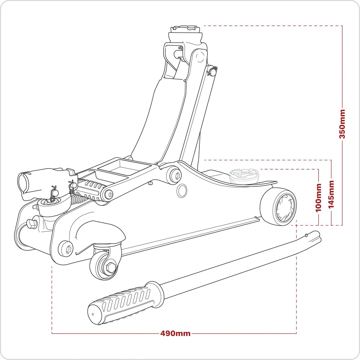 Sealey 180� Handle Trolley Jack 2 Tonne Low Profile Short Chassis - Red 2180LE