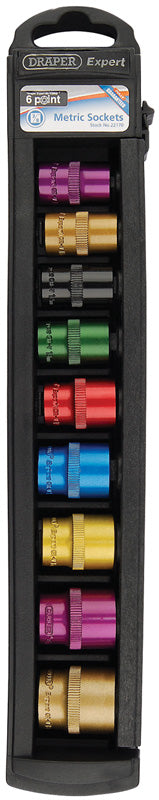 Set of 3/8" Sq. Dr. 6 Point Draper Hi-Torq® Metric Satin Coloured Chrome Sockets (9 Piece)