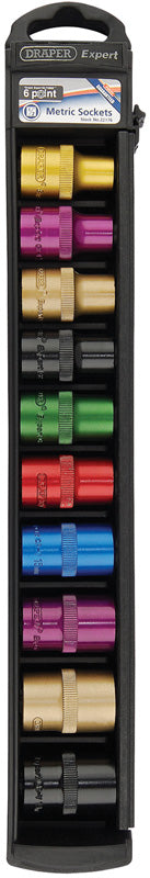 Set of 1/2" Sq. Dr. 6 Point Draper Hi-Torq® Metric Satin Coloured Chrome Sockets (10 Piece)