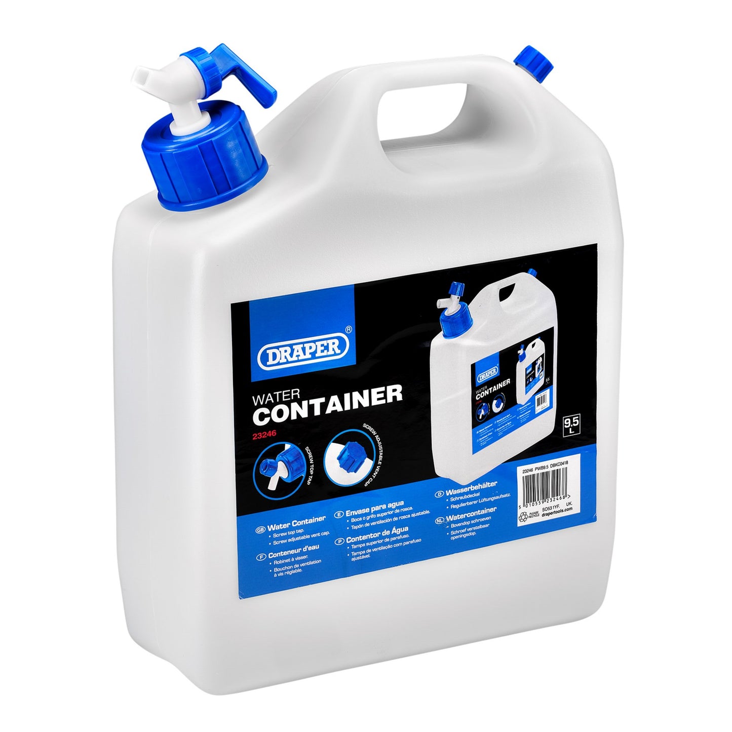 Draper Water Container Dispenser With Tap 9.5L For Camping etc 23246