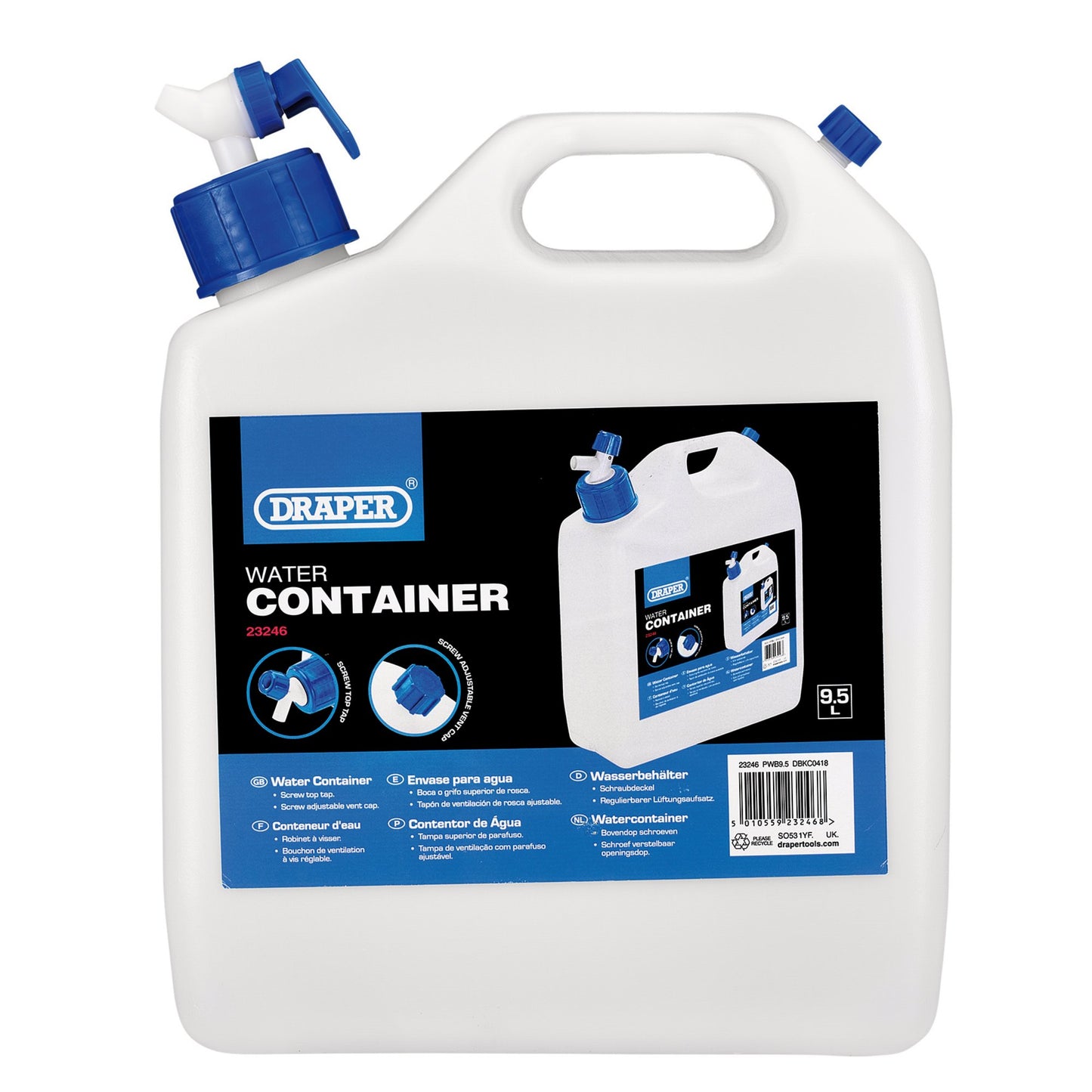 Draper Water Container Dispenser With Tap 9.5L For Camping etc 23246