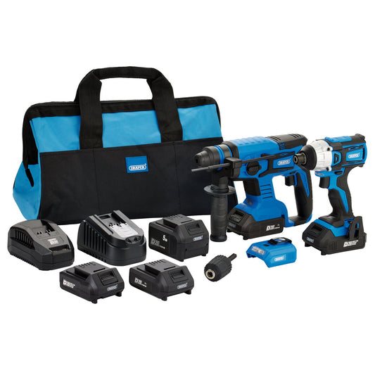 Draper D20 20V Impact Driver and SDS+ Drill Kit 4 Batteries Bag & Charger 24021