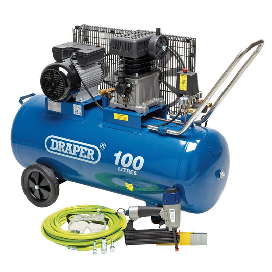 Draper 100L Compressor and Air Nailer Kit belt-driven 15 metre hose 2.2kW 24037