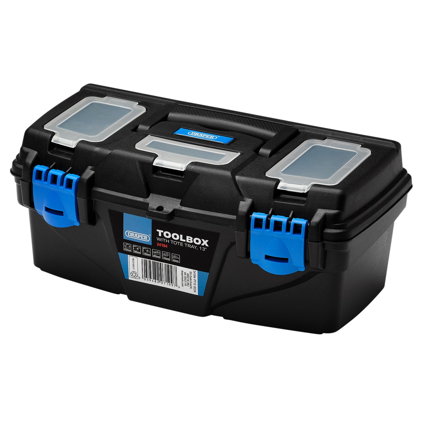 Draper Plastic Toolbox with Tote Tray 13" Integrated Handle & Lockable 24194