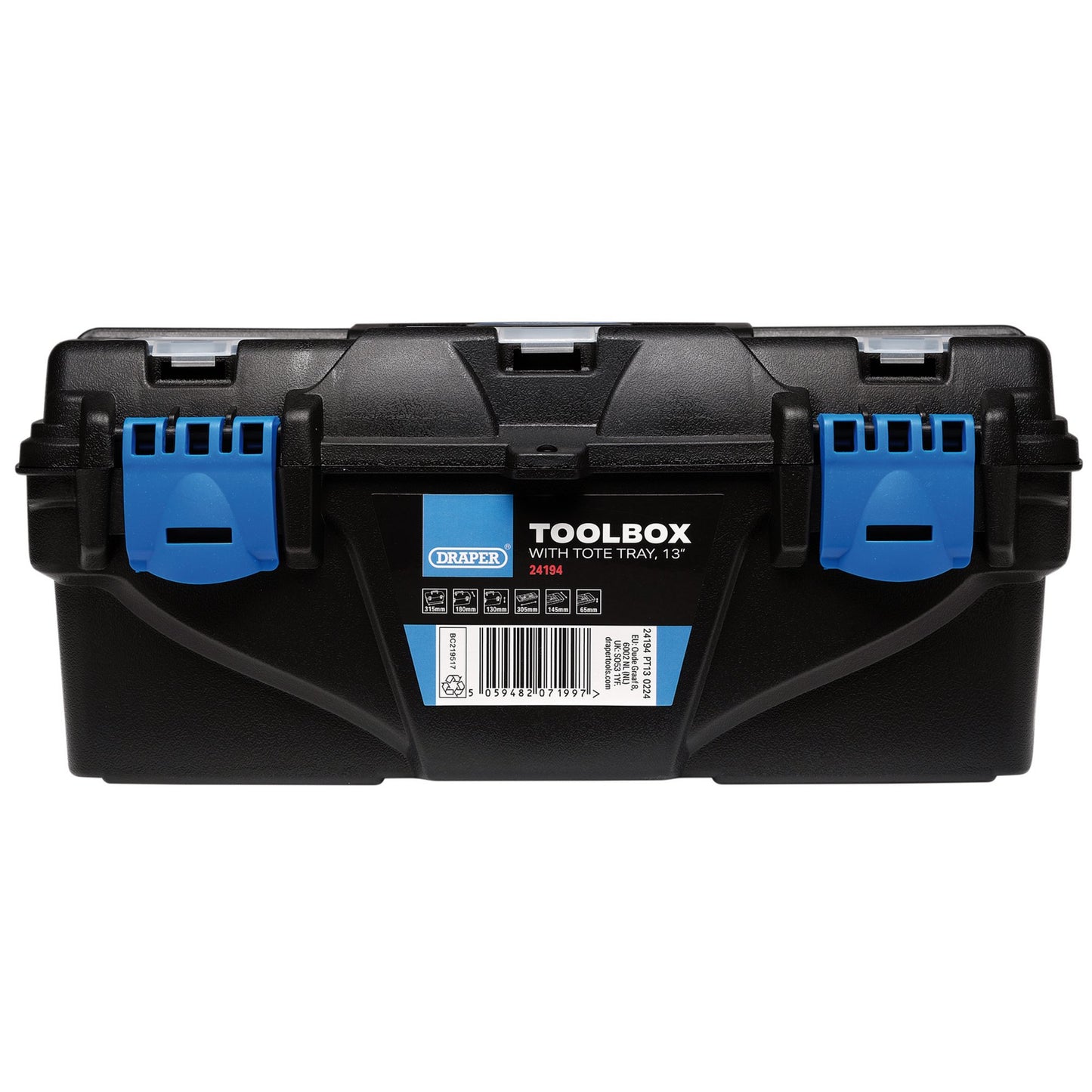 Draper Plastic Toolbox with Tote Tray 13" Integrated Handle & Lockable 24194