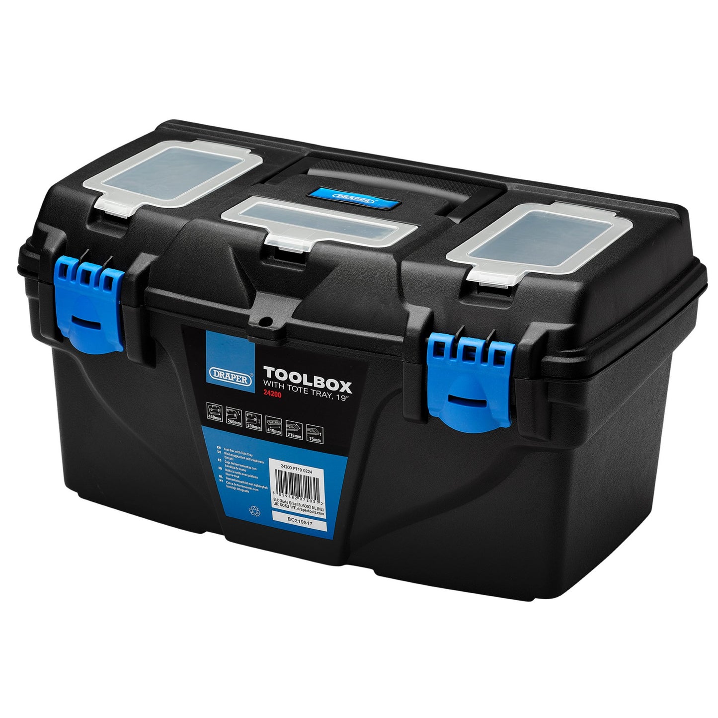 Draper Plastic Toolbox with Tote Tray 19" Integrated Handle & Lockable 24200