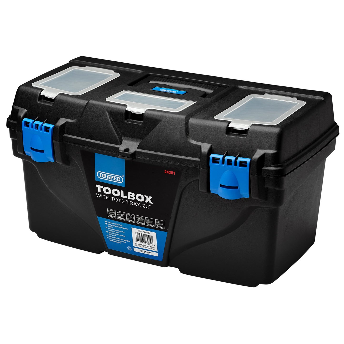 Draper Plastic Toolbox with Tote Tray 22" Integrated Handle & Lockable 24201