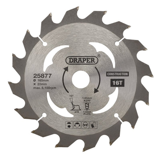 Draper TCT Cordless Construction Circular Saw Blade Wood 165 x 20mm 16T 25877