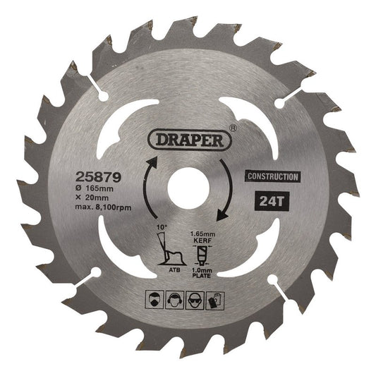 Draper TCT Cordless Construction Circular Saw Blade Wood 165 x 20mm 24T 25879