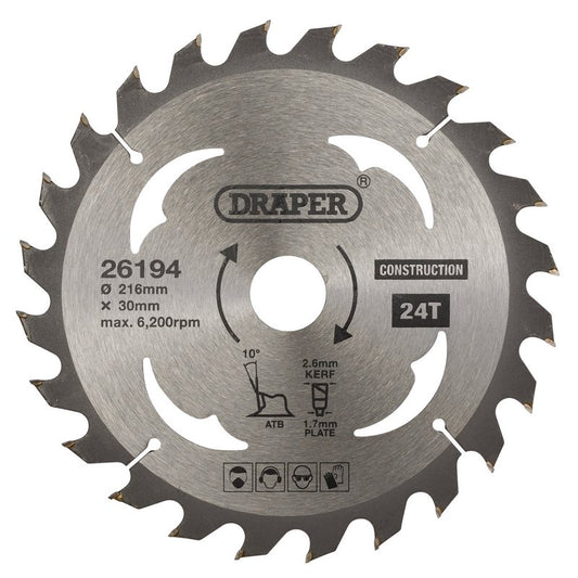Draper TCT Construction Circular Saw Blade 216 x 30mm 24T 26194