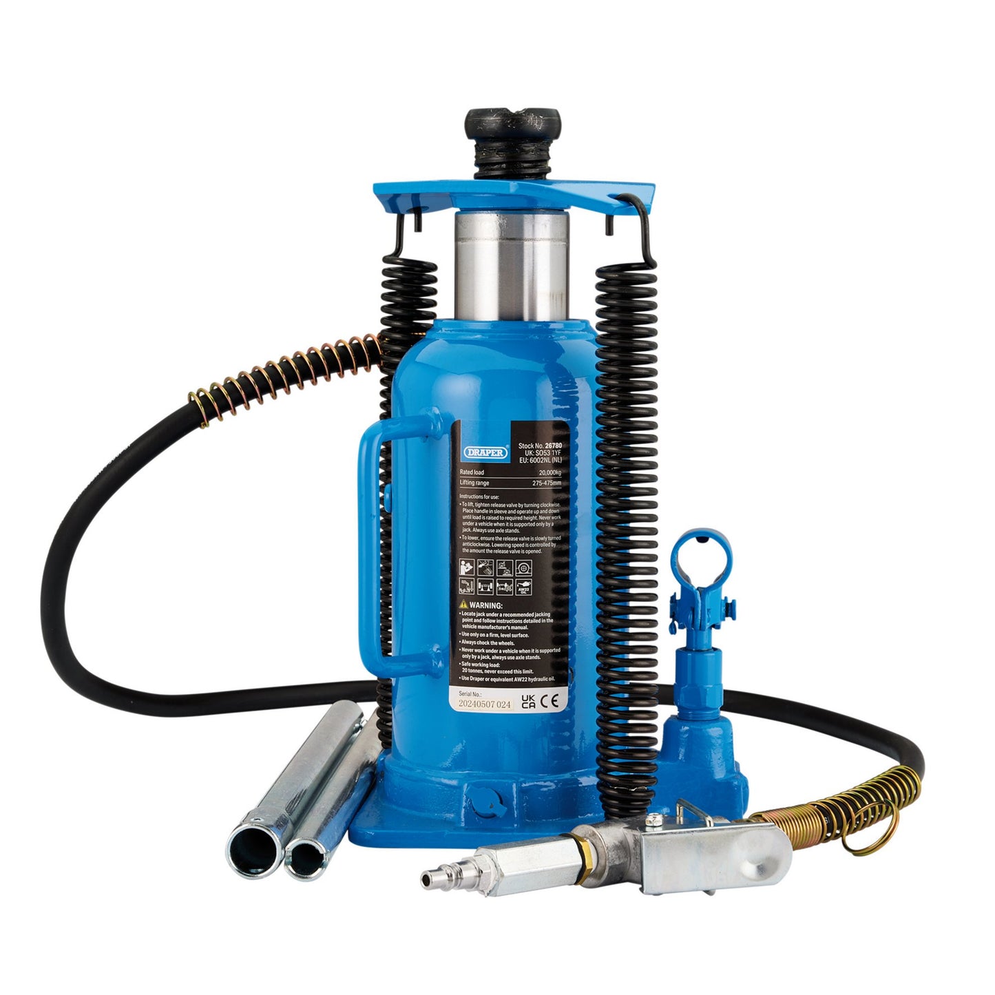 Draper Air Hydraulic Bottle Jack 20 Tonne Range 245-475mm Screw 80mm 26780