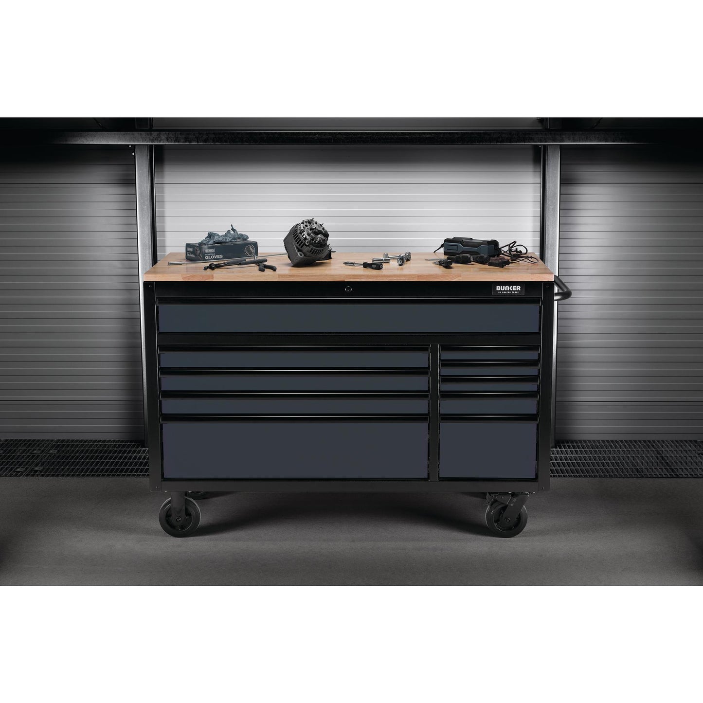 BUNKER® 10 Drawer Workbench Roller Tool Cabinet, 56", Grey