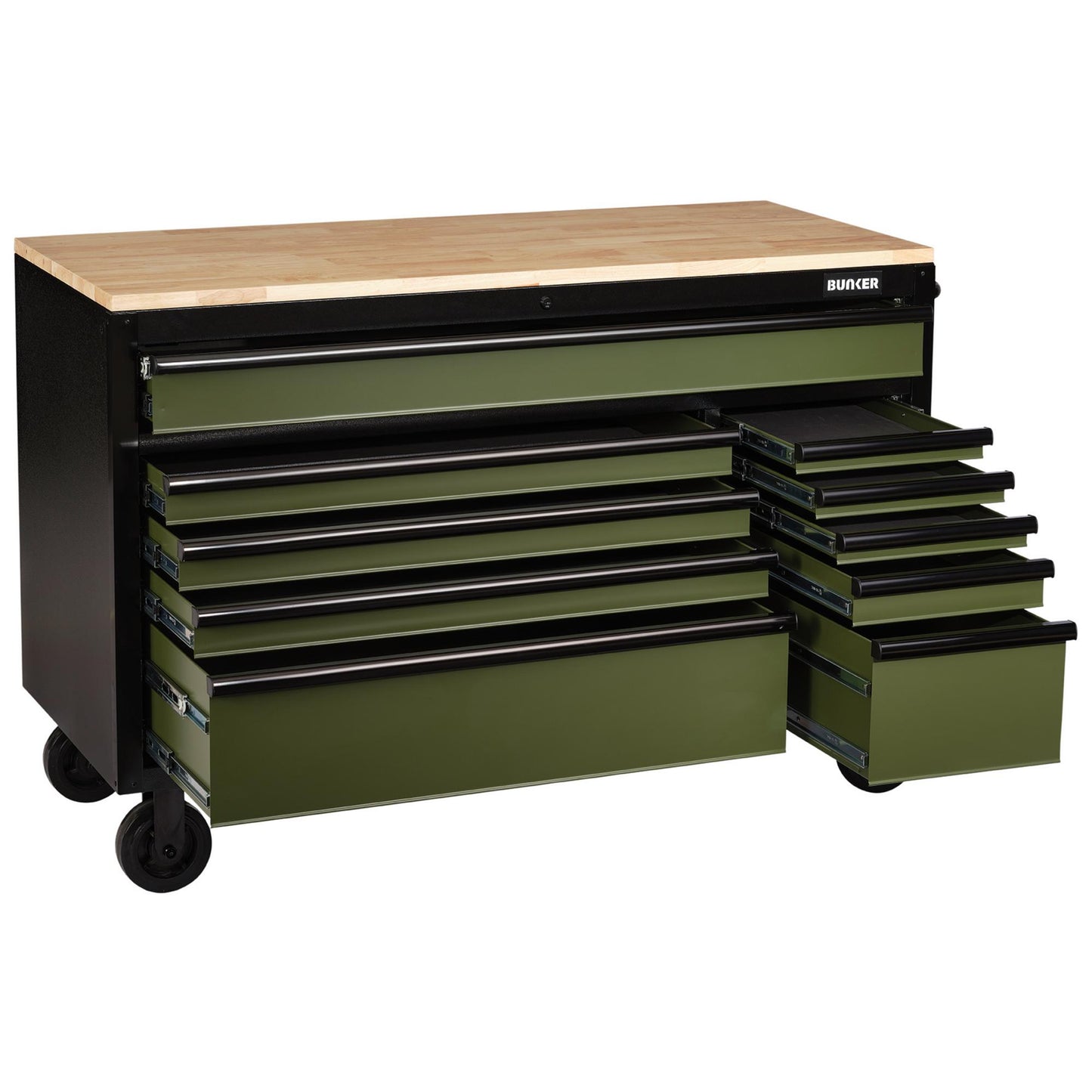 BUNKER® 10 Drawer Workbench Roller Tool Cabinet, 56", Green