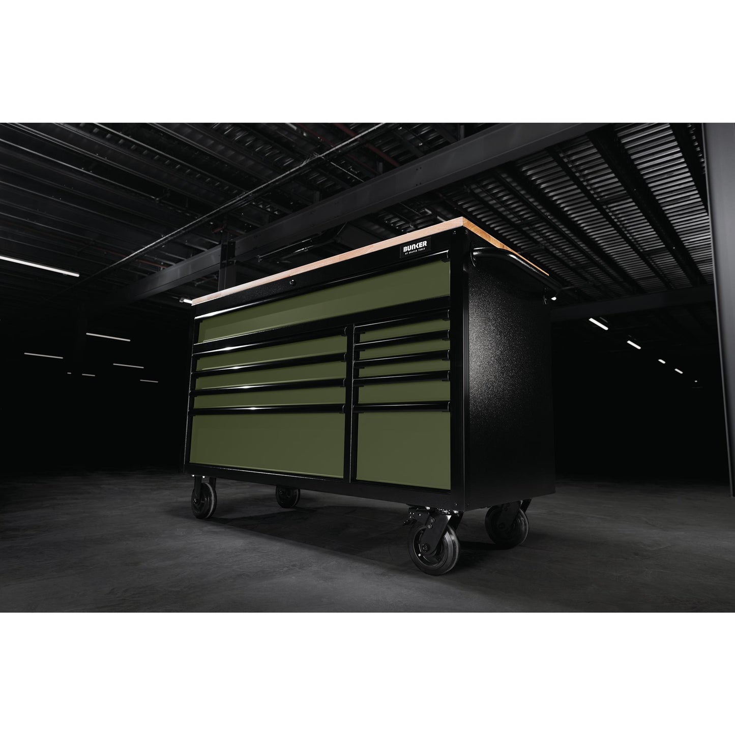 BUNKER® 10 Drawer Workbench Roller Tool Cabinet, 56", Green
