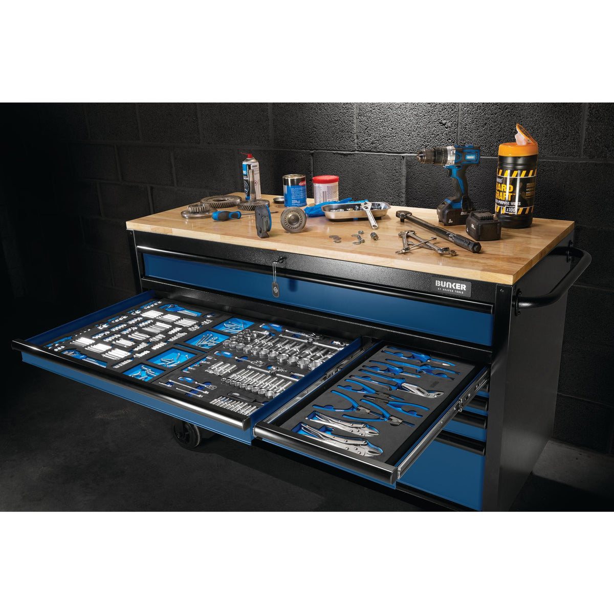 BUNKER 10 Drawer Workbench Roller Tool Cabinet, 56", Blue
