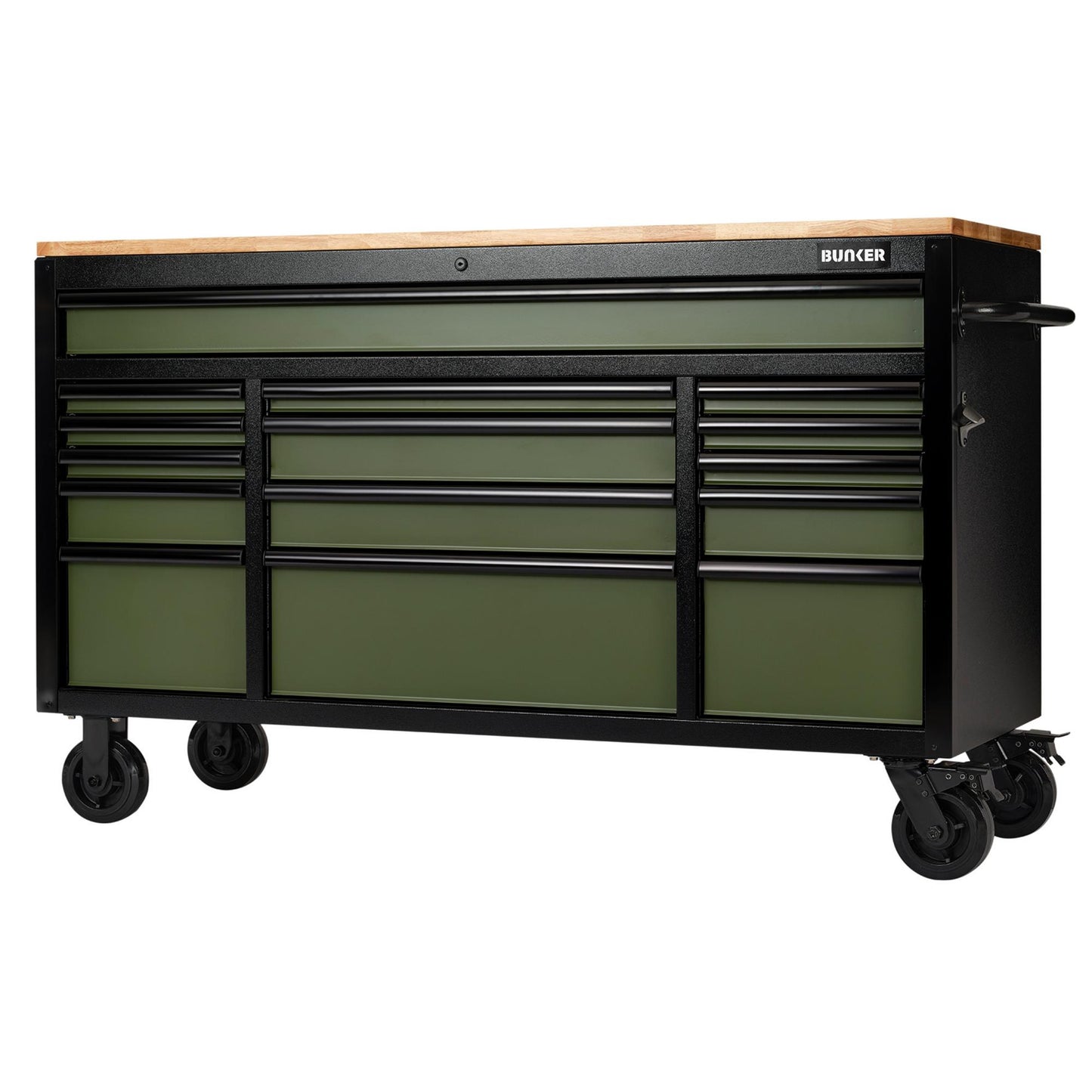 BUNKER® 15 Drawer Workbench Roller Tool Cabinet, 61", Green
