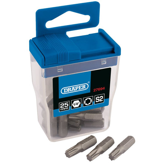 Draper T30 x 25mm Torx Star Long Insert Bits in Storage Case Pack of 20 27694