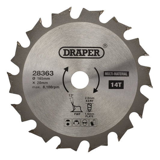 Draper TCT Multi Purpose Circular Saw Blade 165 x 20mm 14T 28363