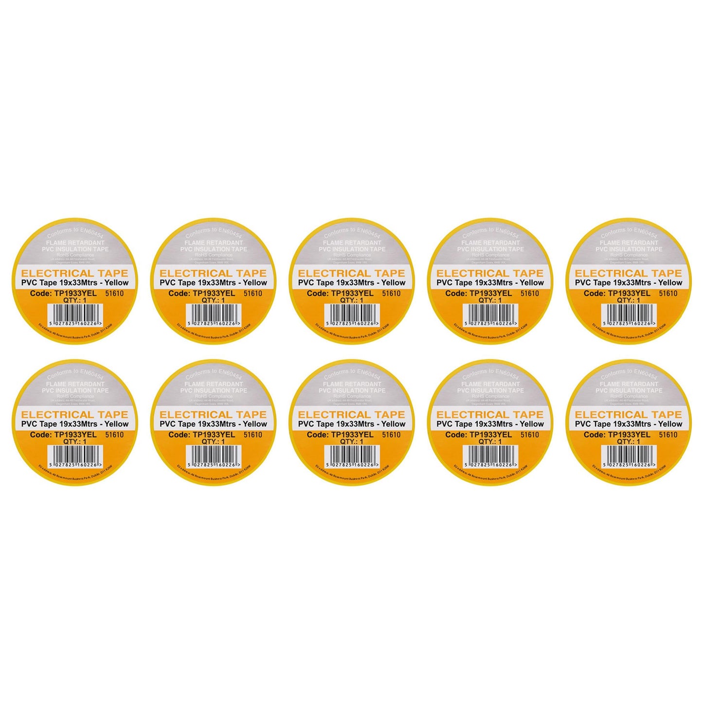 Yellow PVC Electrical Insulation Tape, 19mm x 33m (Pack of 10)