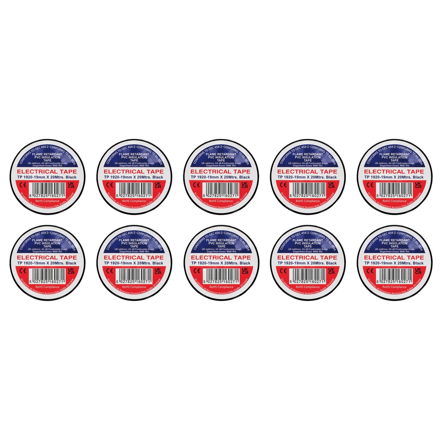 Black PVC Electrical Insulation Tape, 19mm x 20m (Pack of 10)