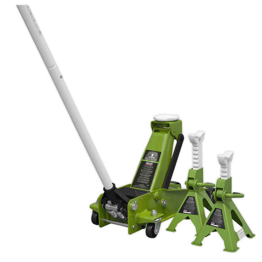 Sealey Trolley Jack 3 Tonne with Super Rocket Lift & Axle Stands (Pair) 3 Tonne Capacity per Stand-Hi-Vis 3015CXHV
