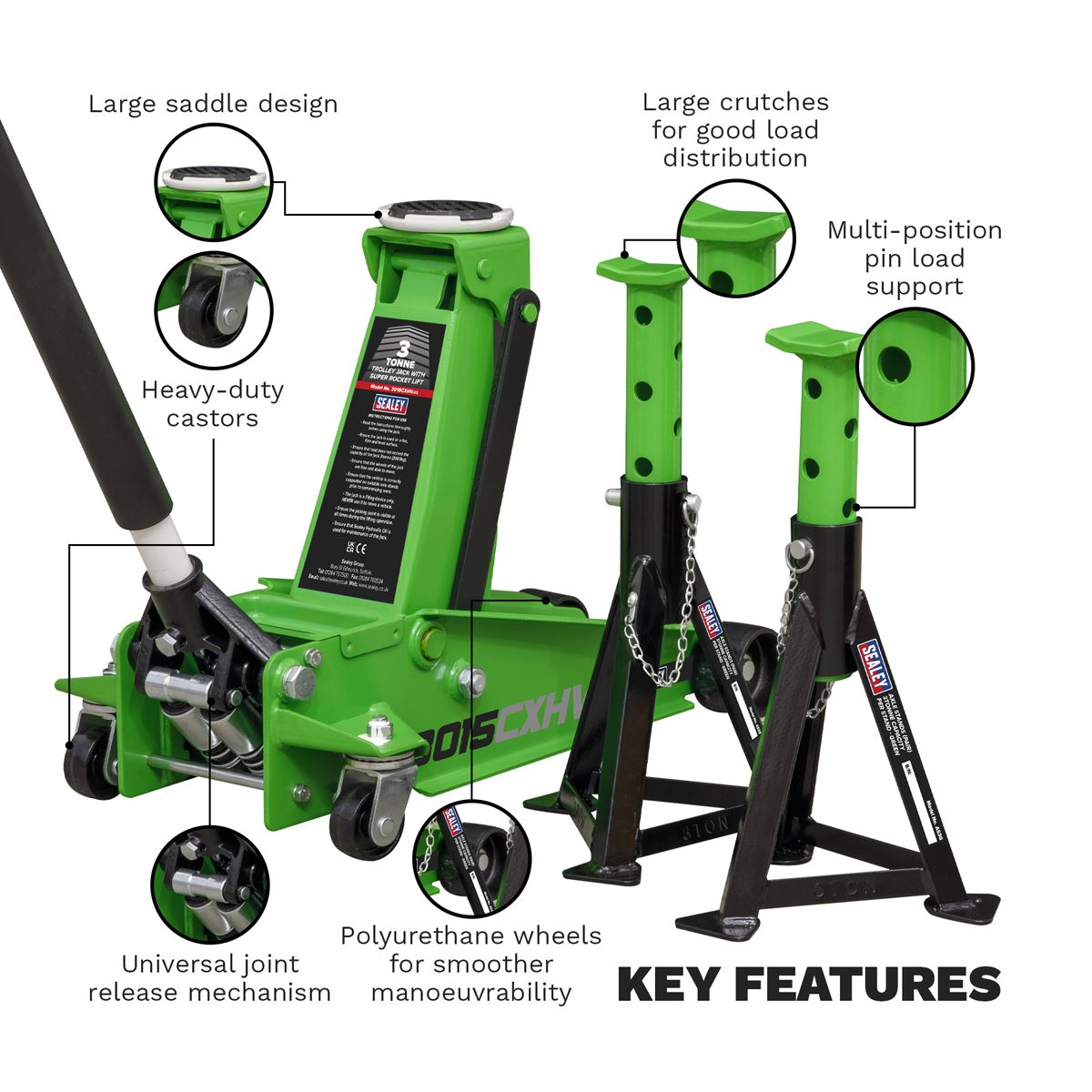 Sealey Trolley Jack 3 Tonne with Super Rocket Lift & Axle Stands (Pair) 3 Tonne Capacity per Stand-Hi-Vis 3015CXHV