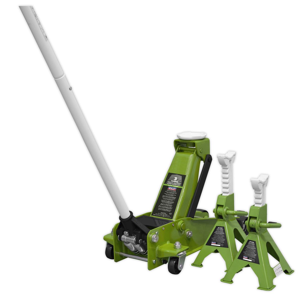 Sealey Trolley Jack 3 Tonne with Super Rocket Lift & Axle Stands (Pair) 3 Tonne Capacity per Stand-Hi-Vis 3015CXHV
